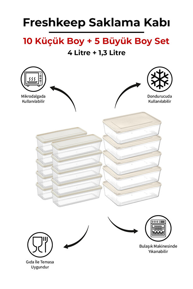 10 Ad. 1,3 L ve 5 Ad. 4 L Freshkeep Buzdolabı Organizer Mikrodalga Ve Difrize Uygun Saklama Kabı - 1