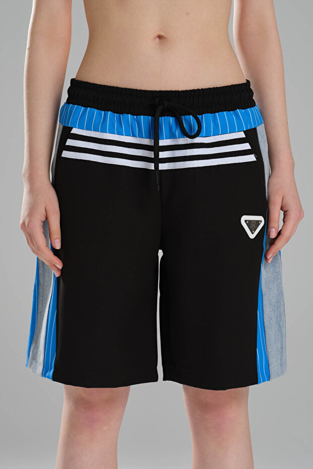 Women's Stripe Detailed and Denim Garnished Design Bermuda Shorts