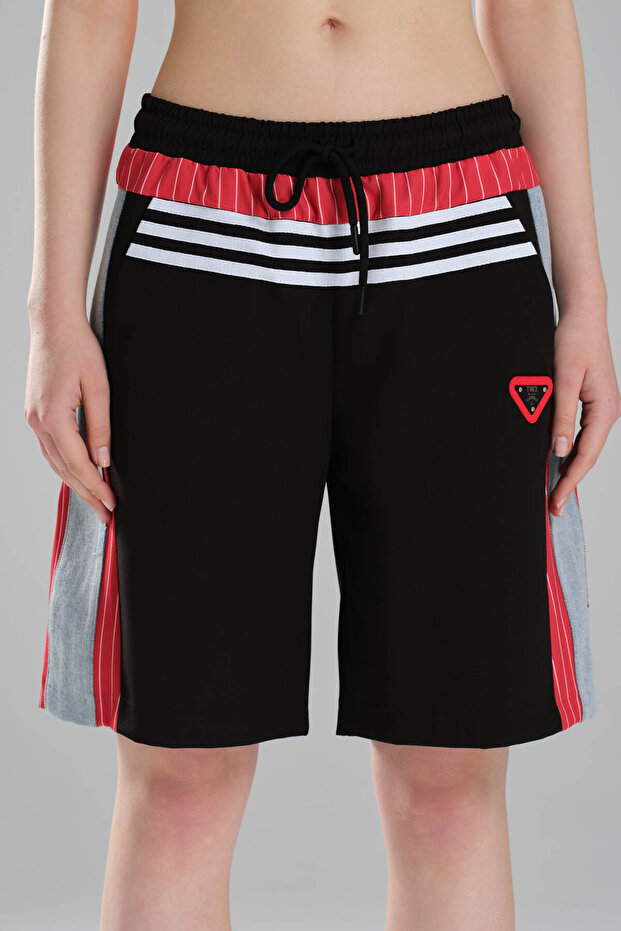 Women's Stripe Detailed and Denim Garnished Design Bermuda Shorts