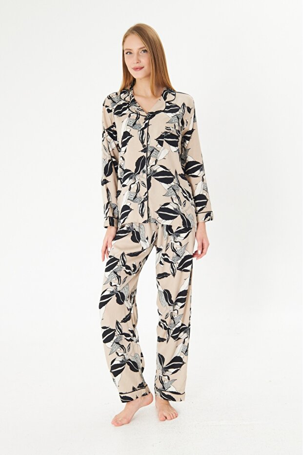 Women's 100% Cotton Woven Milk Coffee Flower Pattern Shirt Collar Button-Through Pocket Pajamas Set