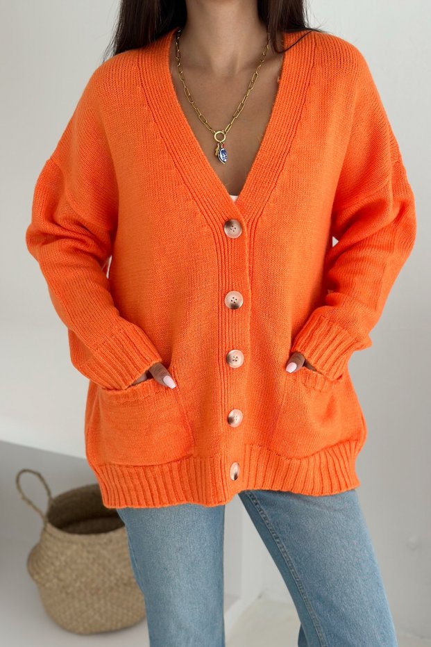 Women's Orange Wide Fit Standard Size Double Pocket Button Detailed Off Shoulder Oversize Knitwear Cardigan