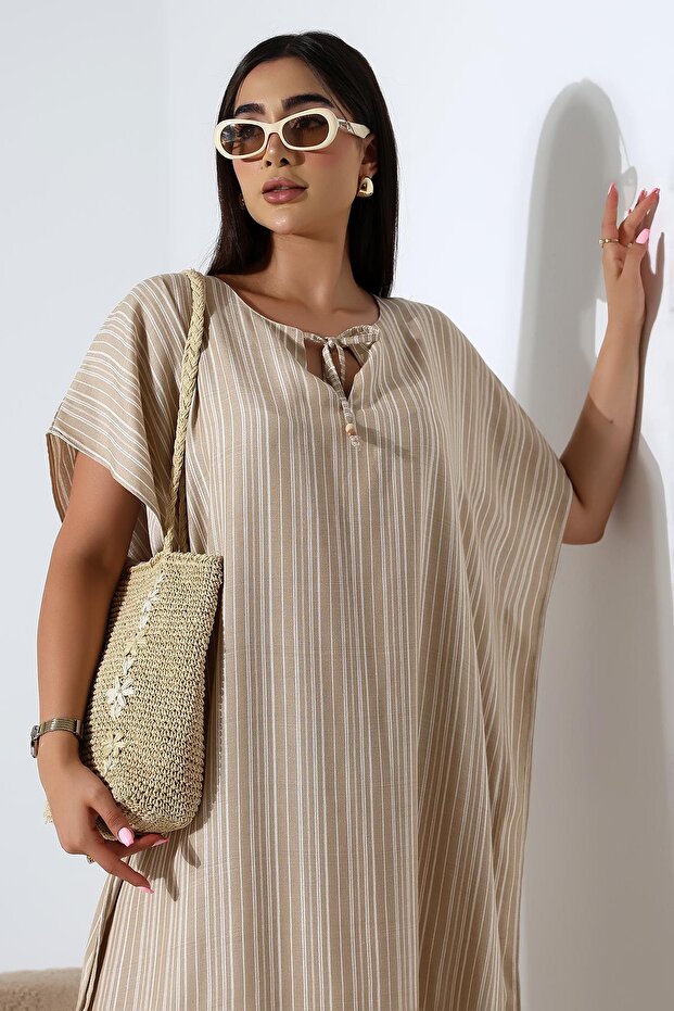 BEJ ÇİZGİLİ KAFTAN ELBİSE - 6