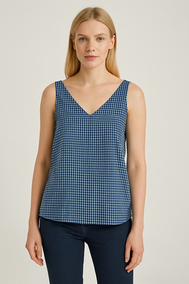 Women's Navy Blue White Plaid V Neck Sleeveless Stylish Summer Blouse