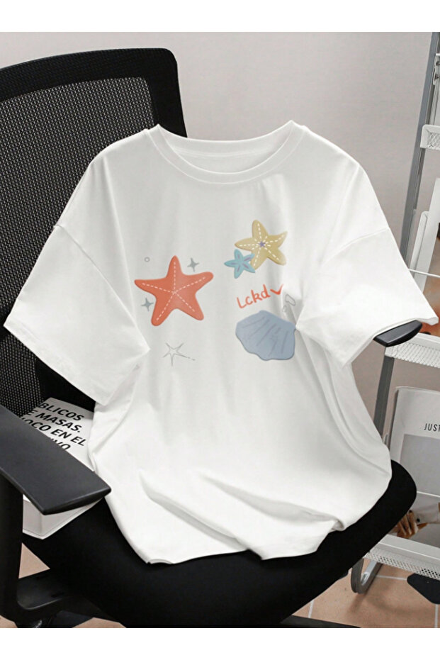 White Starfish Printed Oversize T-Shirt