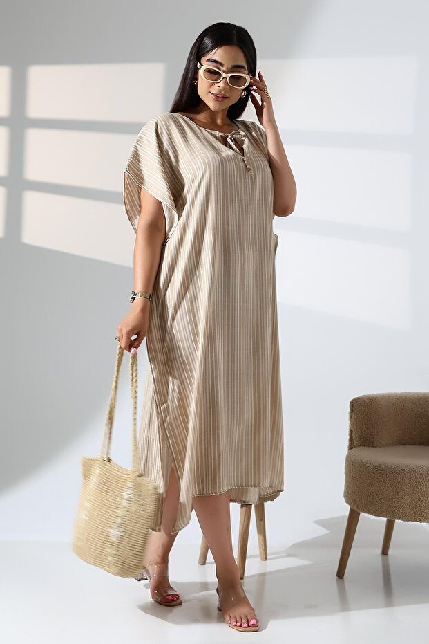 BEJ ÇİZGİLİ KAFTAN ELBİSE - 2