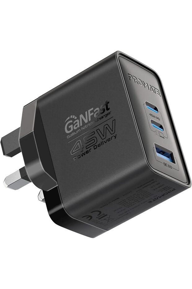 45W Power Delivery GaNFast™ Charger, Dual USB-C Ports, and Quick Charge USB-A Port