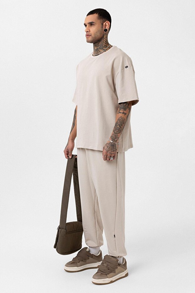 Paça Lastikli Basic Oversize Eşofman Takımı Bej - 2