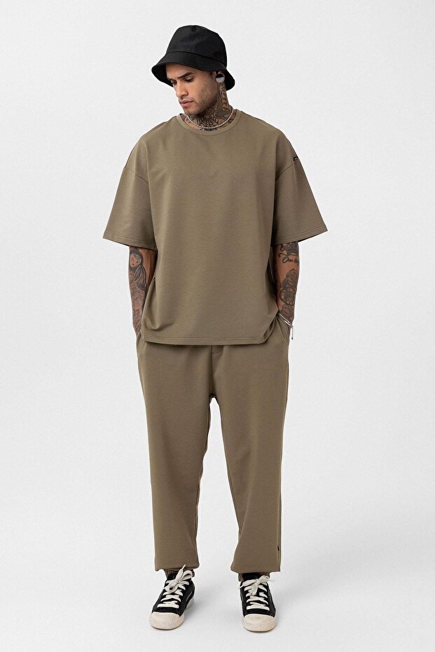 Paça Lastikli Basic Oversize Eşofman Takımı Haki - 1