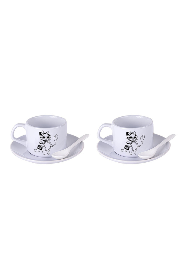 Cat Patterned Tea & Coffee Cup Set with Double Spoon - 1