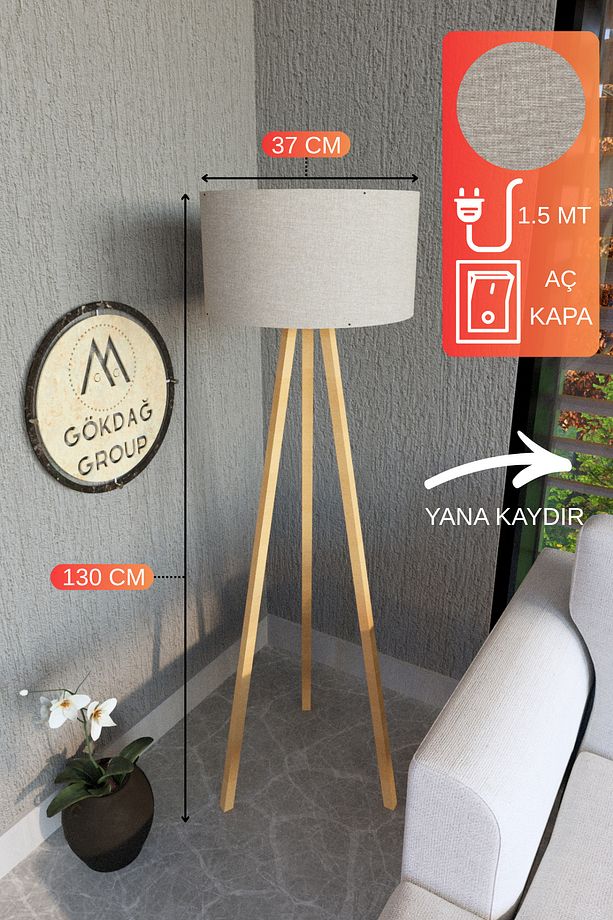 3 Ayaklı MEGA BOY Tripod Lambader Abajur Vizon Kumaş Başlık - 1