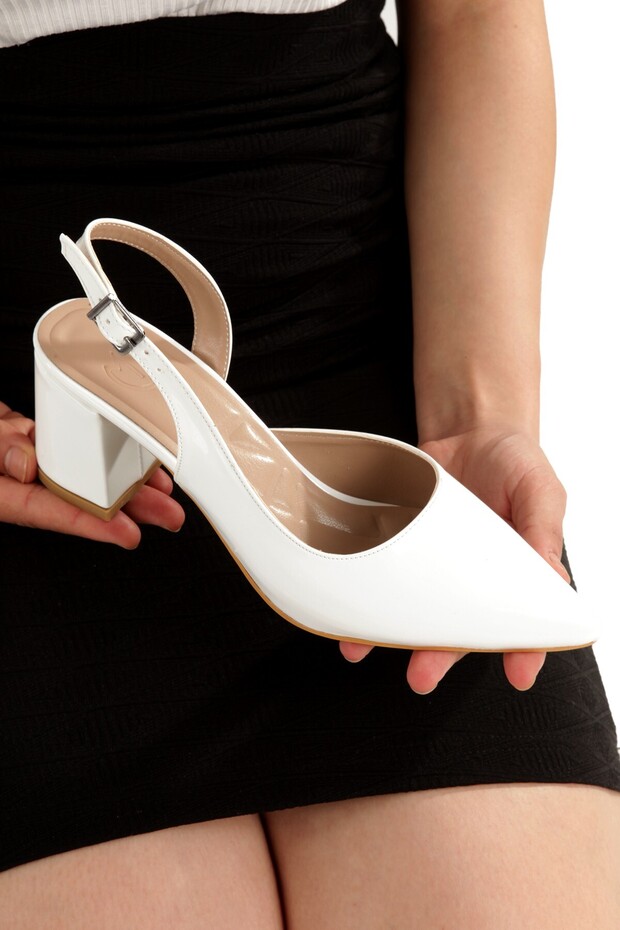 Women's White Patent Leather Short Thick Heeled Stiletto Asymmetrical Strap Shoes - Verlik