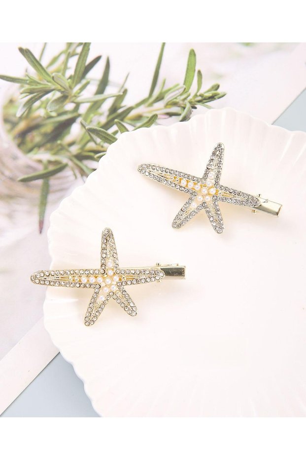 Zircon Stone and Pearl Detailed Starfish Model Gold Color Metal Clamp Buckle
