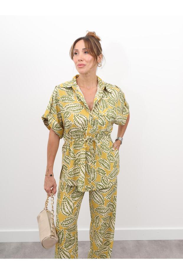Women's Mixed Pattern Oil Green Bottom Top Set