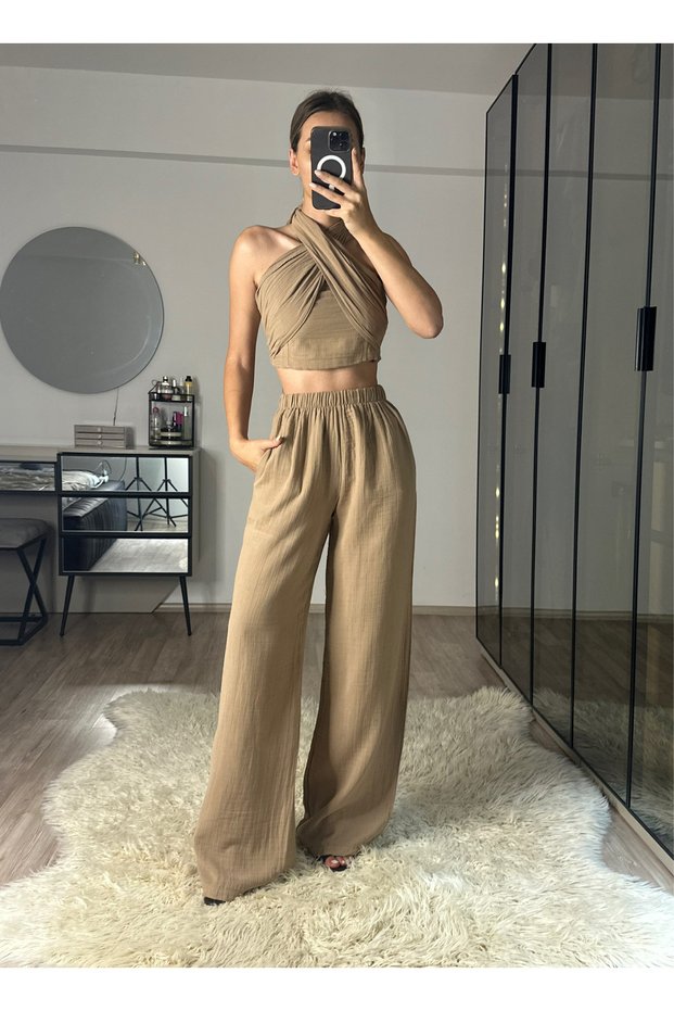 Mia Mink Muslin Fabric Halter Neck Trousers Blouse Set