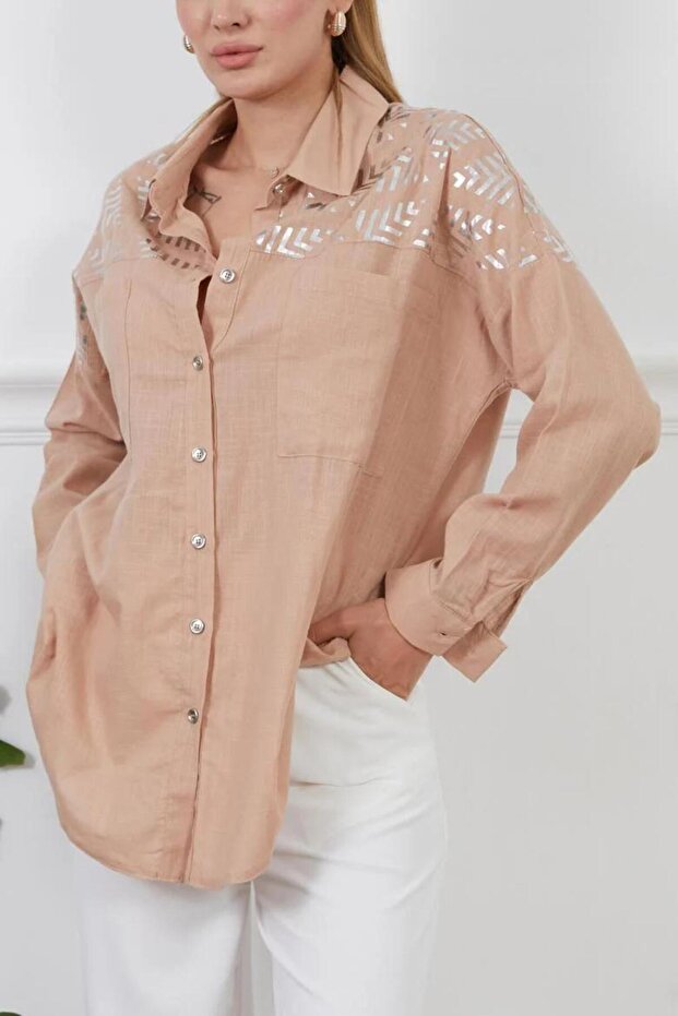 Women's Cobalt Blue Robe Foil Printed Oversized Shirt with Pocket Detail