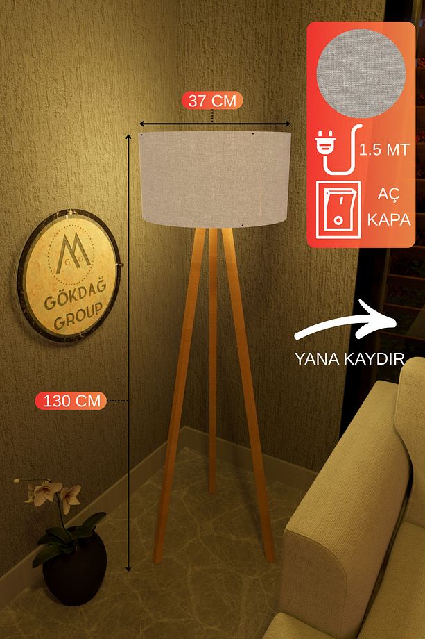 3 Ayaklı MEGA BOY Tripod Lambader Abajur Vizon Kumaş Başlık - 2
