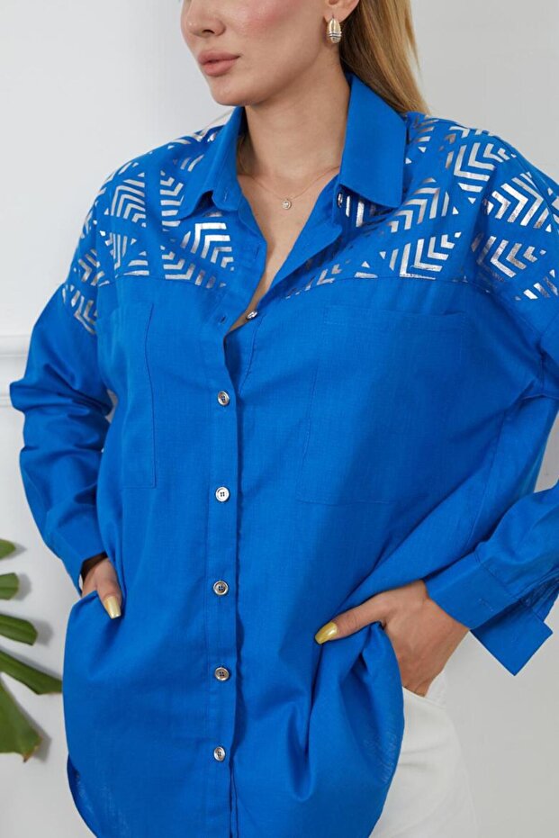 Women's Cobalt Blue Robe Foil Printed Oversized Shirt with Pocket Detail