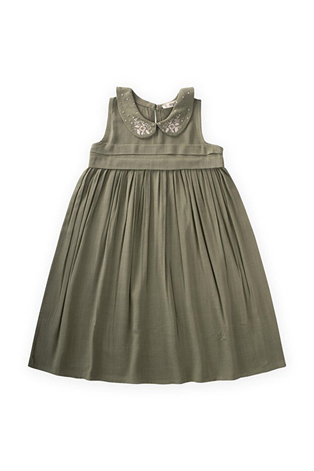 Baby Collar Embroidered Linen Dress 2-7 Years Khaki Green