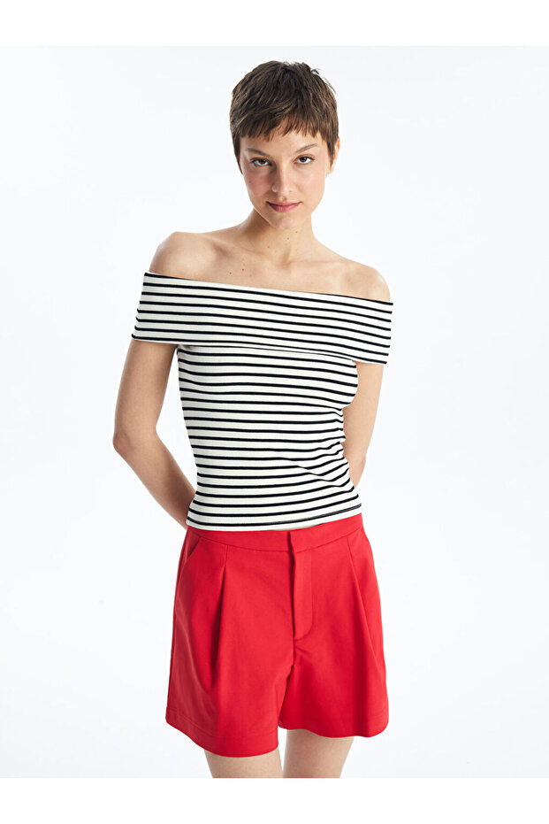 Boat Neck Striped Short Sleeve Women's Blouse