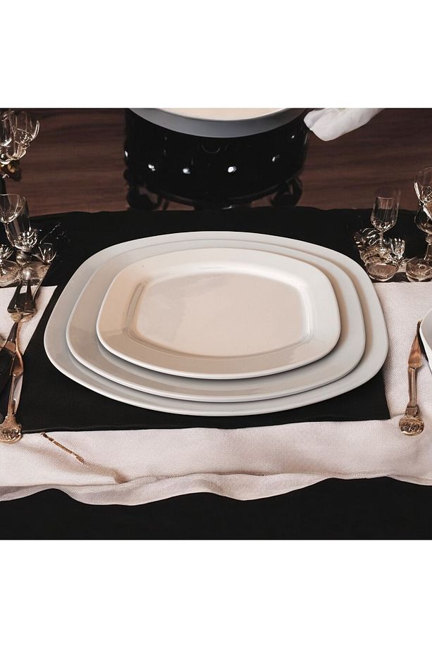 Porselen Değildir Kare 3 Lü Takım Kayık Tabak Salata Sunum Meze Tabağı Set - 4