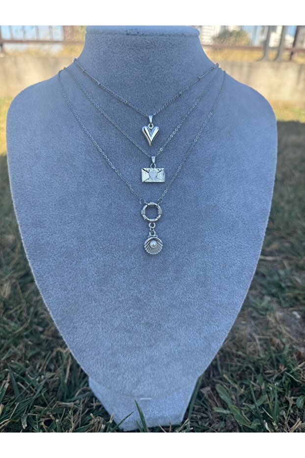 Triple Silver Combination Necklace Oyster Letter Heart