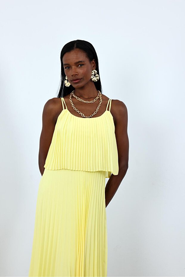 Sarı Piliseli Şifon Elbise 00778 - 2