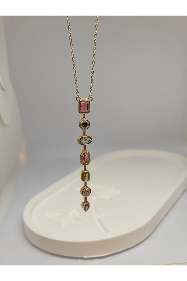 Colorful Stone Gold Y Necklace