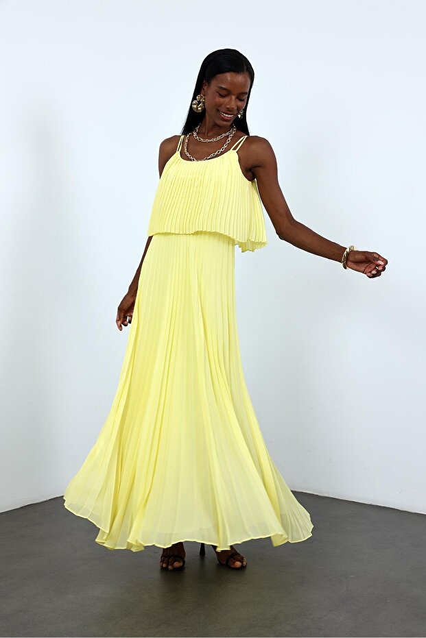 Sarı Piliseli Şifon Elbise 00778 - 1