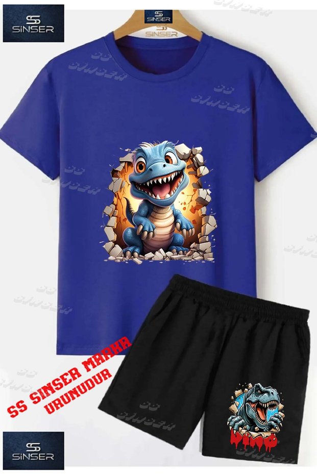 Children's Unisex “Dinosaur Blue Cavity Breaking Out“ Custom Printed Crew Neck T-Shirt - Shorts Set
