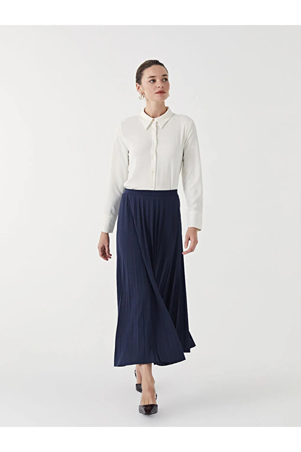 LCW Modest Lacivert Beli Lastikli Düz Krep Kadın Pileli Etek - 1