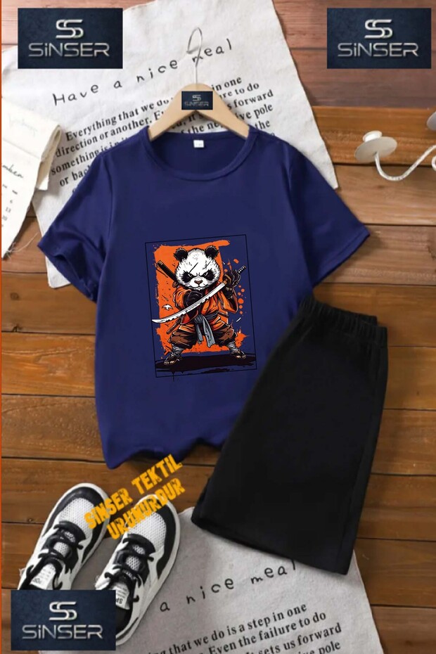 Kids Unisex “Panda Ninja Sword“ Custom Printed Crew Neck T-Shirt - Shorts Set