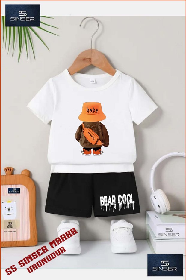Children's Unisex "Baby Orange Hat Baby Written" Special Printed Crew Neck T-Shirt - Shorts Set