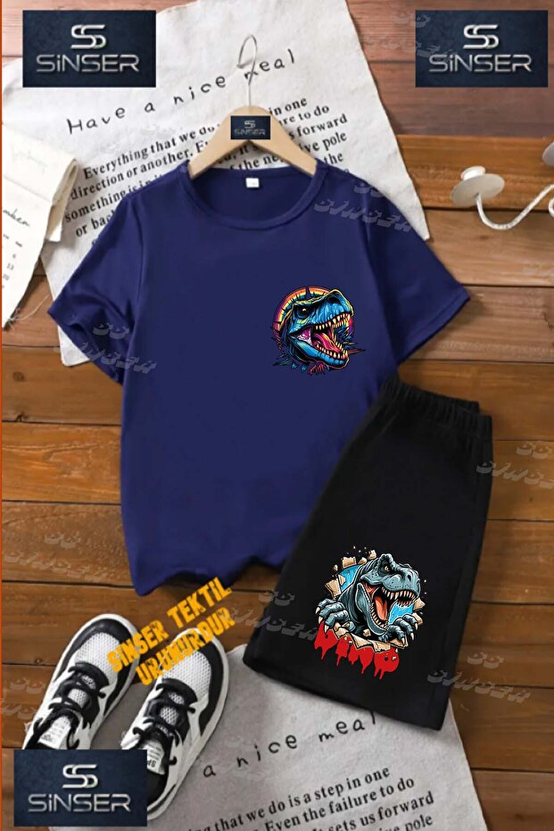 Kids Unisex “Dinosaur Colorful Head“ Custom Printed Crew Neck T-Shirt - Shorts Set