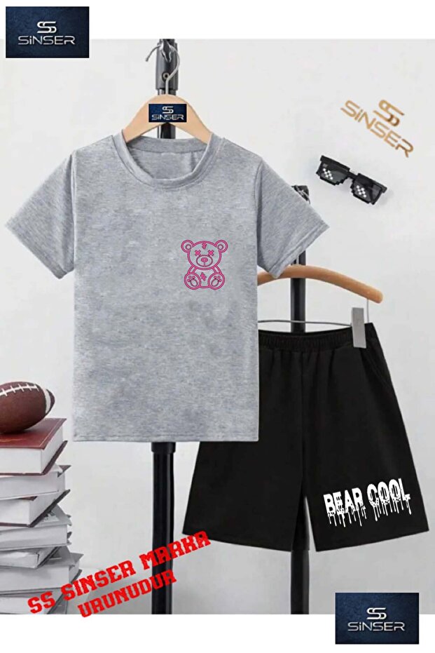 Children's Unisex “Bear Pink Striped“ Special Printed Crew Neck T-Shirt - Shorts Set