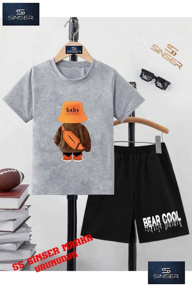Children's Unisex "Baby Orange Hat Baby Written" Special Printed Crew Neck T-Shirt - Shorts Set