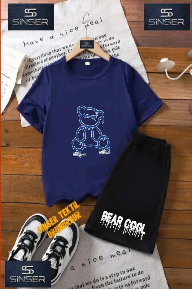 Children's Unisex “Bear Blue Striped Bottom Written“ Special Printed Crew Neck T-Shirt - Shorts Set