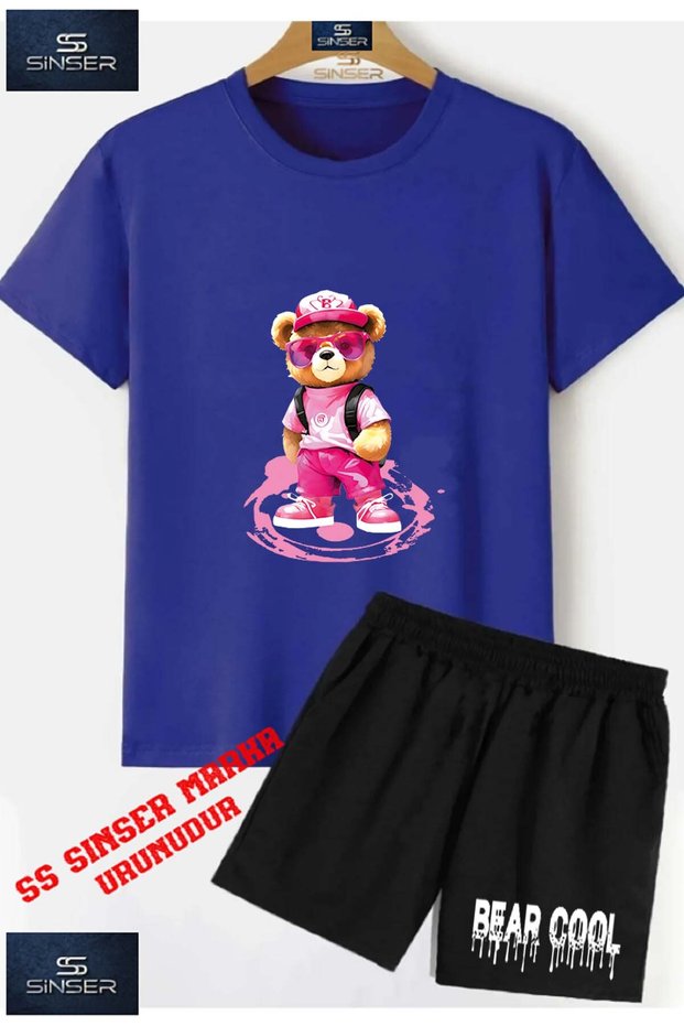 Children's Unisex “Bear in Pink Canvas Clothes“ Special Printed Crew Neck T-Shirt - Shorts Set