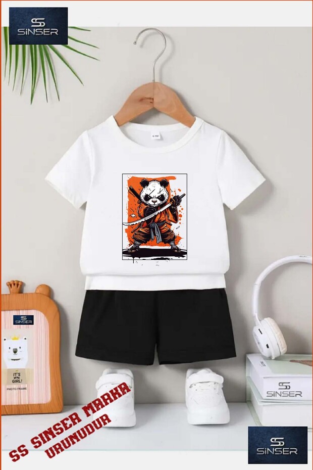Kids Unisex “Panda Ninja Sword“ Custom Printed Crew Neck T-Shirt - Shorts Set
