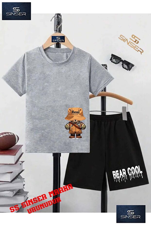 Children's Unisex “Bear Brown Real Sapkali“ Custom Printed Crew Neck T-Shirt - Shorts Set