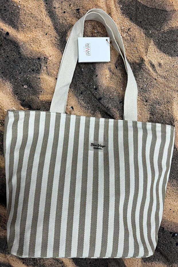 Khaki Green Striped Cotton Fabric Large Size Lined Women's Sports Beach Bag // Pc002