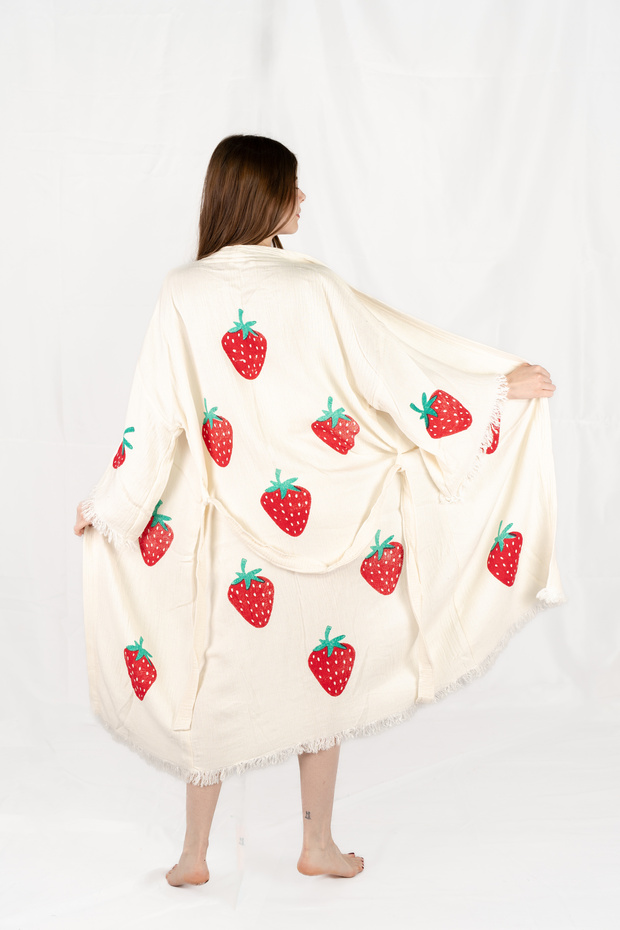 Muslin Kimono 100% Cotton Strawberry Printed Patterned Bathrobe Kaftan Dressing Gown