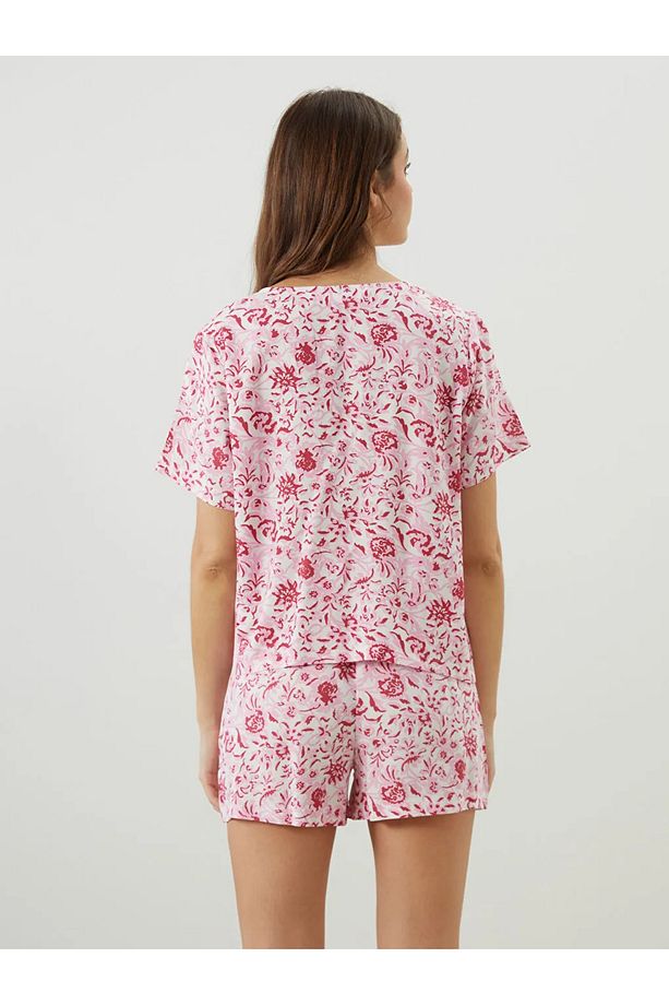 LCW DREAM Ekru V Yaka Çiçekli Kadın Şortlu Pijama Takımı - 3