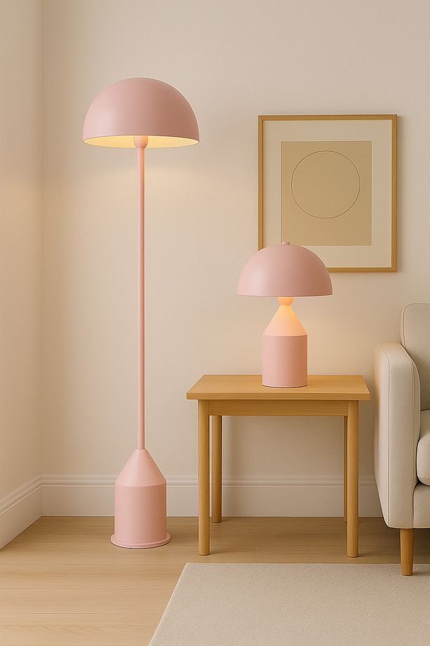 Mantar Model Pembe Masa Lambası Ve Lüks Lambader İkili Set Dekoratif Salon Yatak Odası - 1