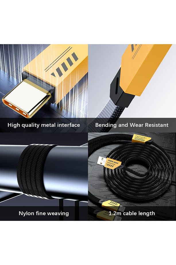 3in1 240 Watt 1.2 Metre Halat Örgü Kırılmaz Uç Hızlı Şarj ve 480mbs Data Kablosu - 5