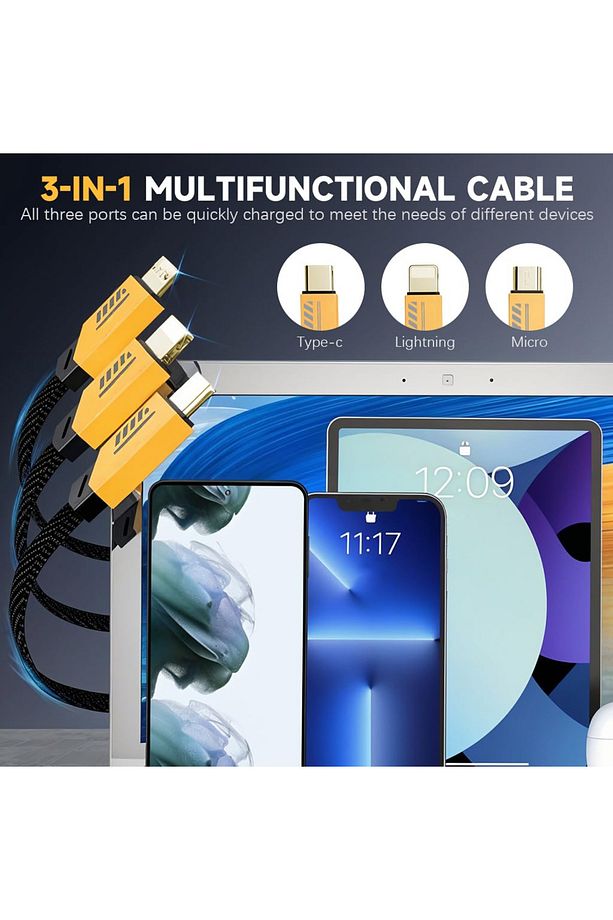 3in1 240 Watt 1.2 Metre Halat Örgü Kırılmaz Uç Hızlı Şarj ve 480mbs Data Kablosu - 3