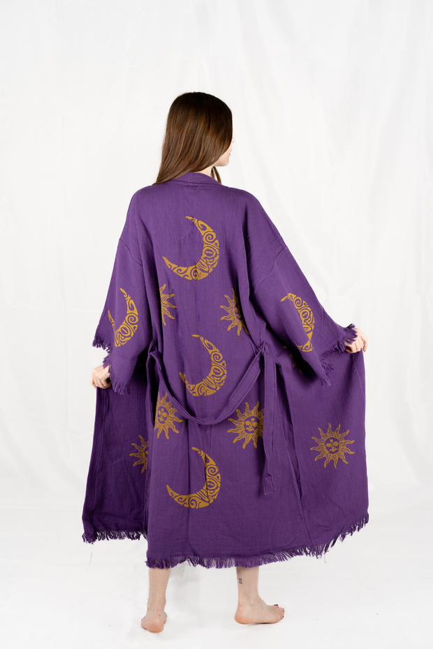 Muslin Kimono 100% Cotton Moon and Sun Printed Patterned Bathrobe Kaftan Dressing Gown Purple
