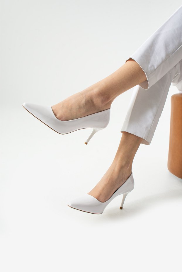 White Patent Leather Gold Detailed Pointed Toe Thin Heeled Women's Stiletto | Stylish Night and Office Shoes