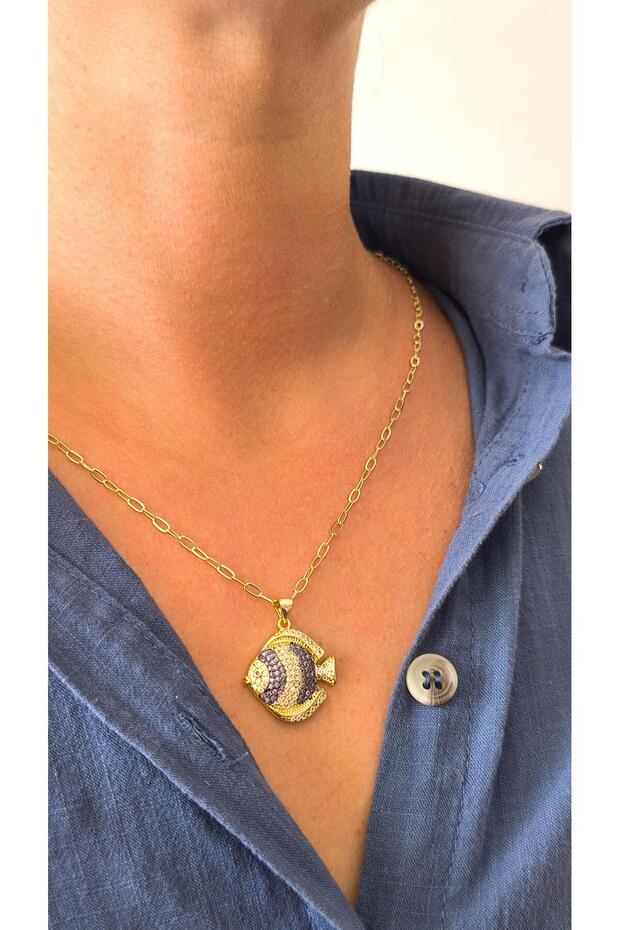 Special Series Purple Stone Fish Figure Oval Chain Necklace (57cm)