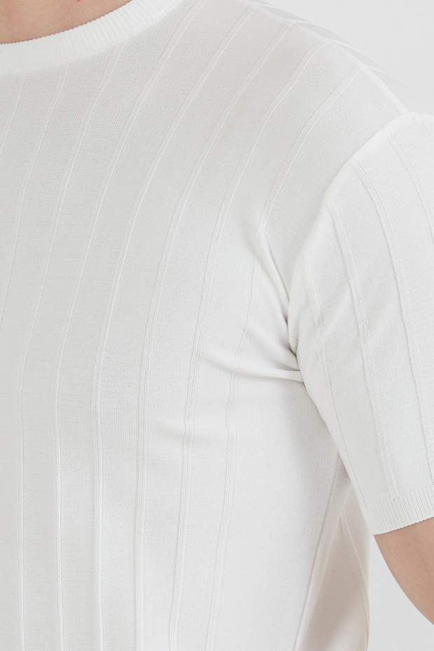 Şeritli Bisiklet Yaka Triko Tişört - 5