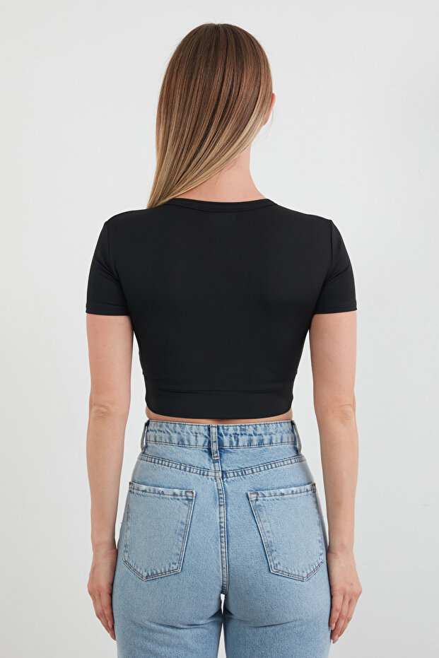 Basic Yarım Fermuarlı Dalgıç Kumaş Crop Tişört - 4